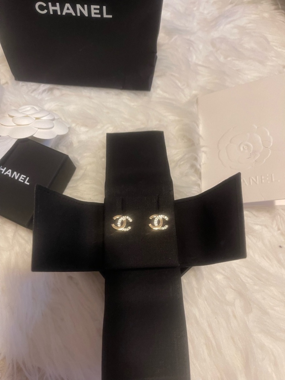 Authentic CHANEL Gold CC Logo Earrings with Crystal Detailing